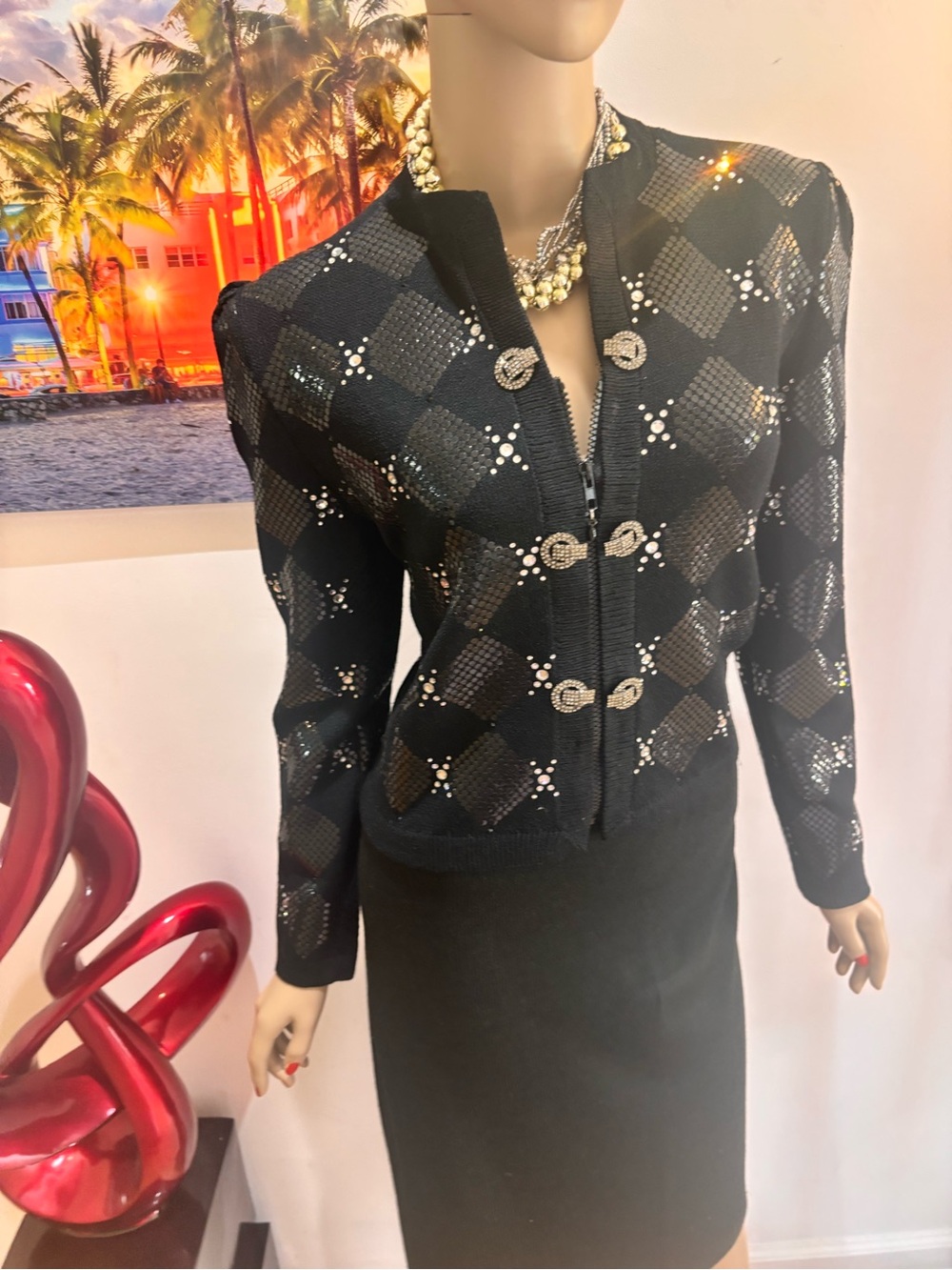 St. John Black Sequined Diamond Knit skirt suit paillettes studs 10 M crystals - Picture 8 of 14